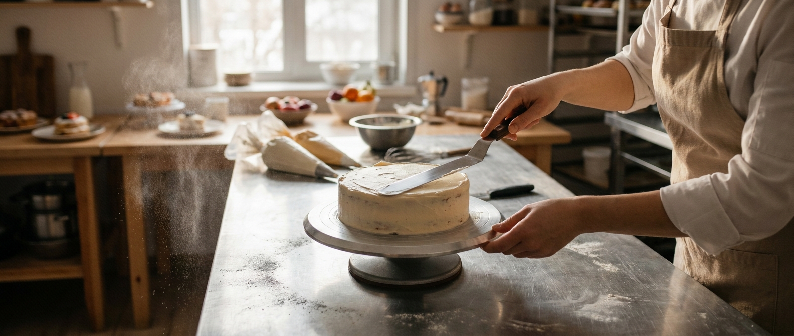 Hände einer Konditorin ziehen mit einer Palette die Sahne an einer Torte auf der Drehscheibe glatt