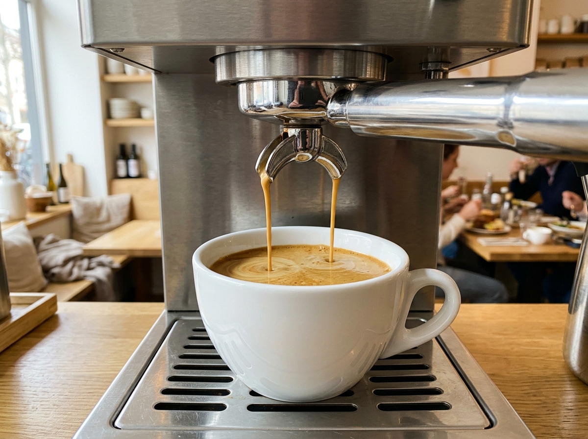 Espresso läuft in zwei feinen Strahlen aus dem Siebträger in eine weiße Tasse, darauf bildet sich Crema