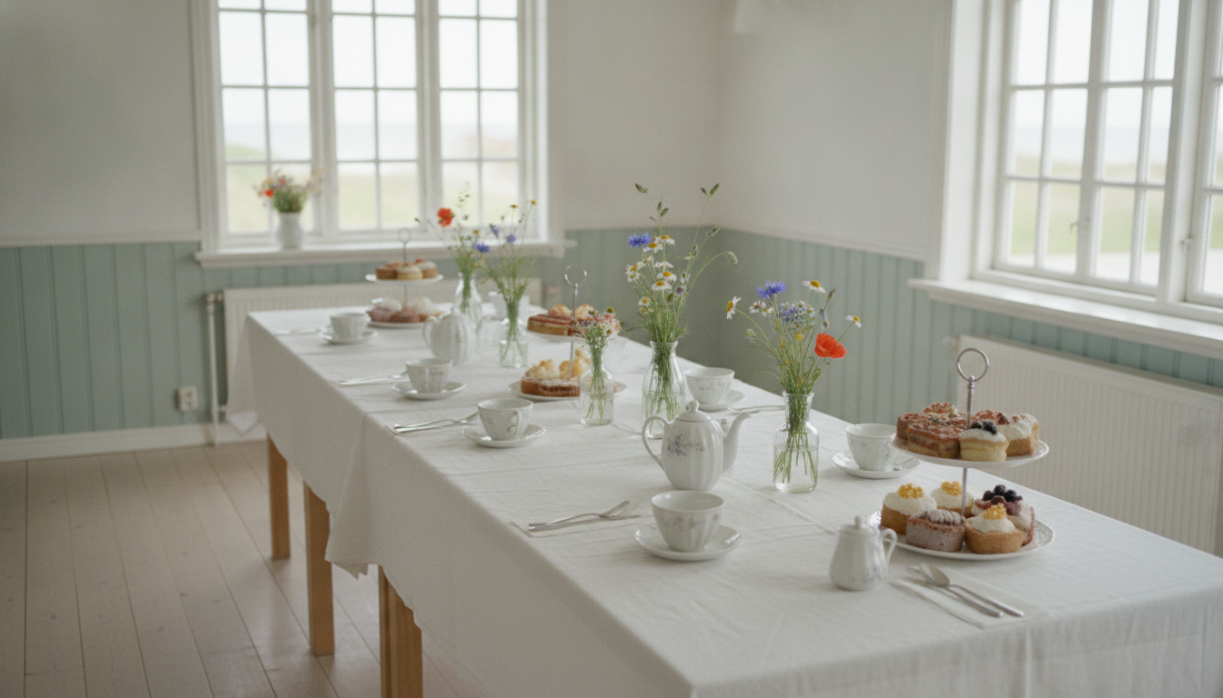 Long set coffee table with a white tablecloth, cups, pots and cakes on tiered stands in a bright café room with lattice windows