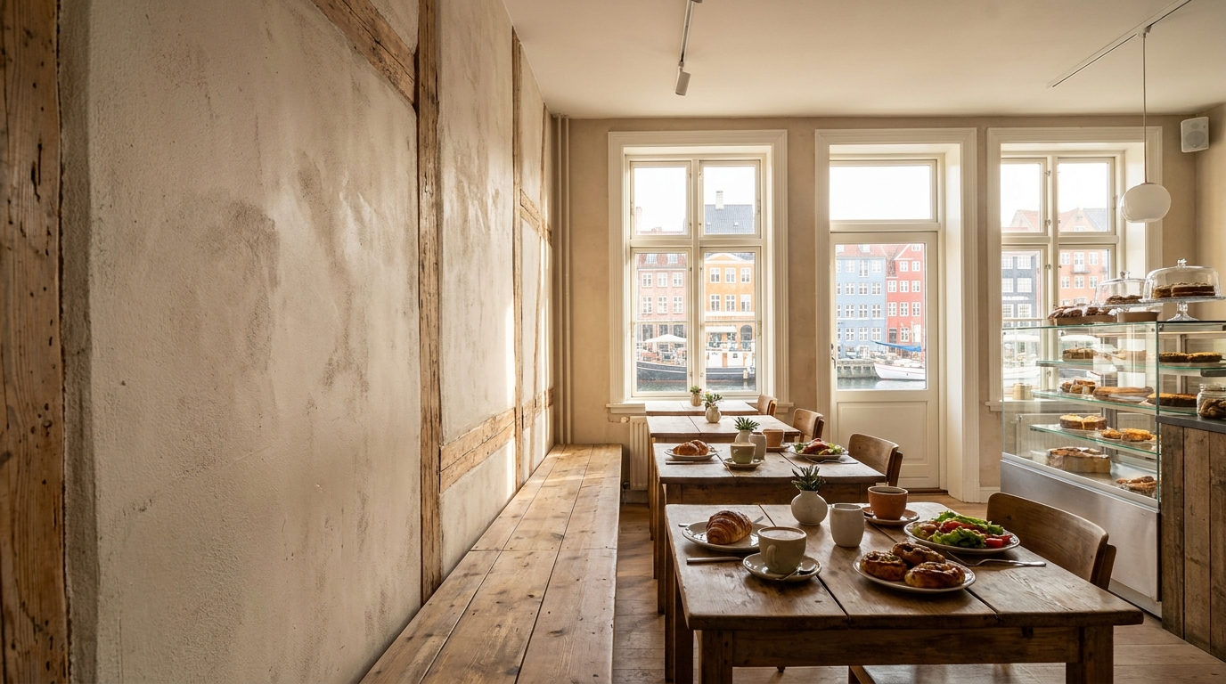 Bright café with wooden tables, set cups and a cake display in front of large mullioned windows