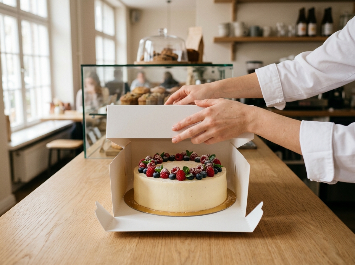 Hände schließen auf dem hellen Holztresen einen festen weißen Tortenkarton, darin eine Sahnetorte mit Beeren auf einer Tortenplatte