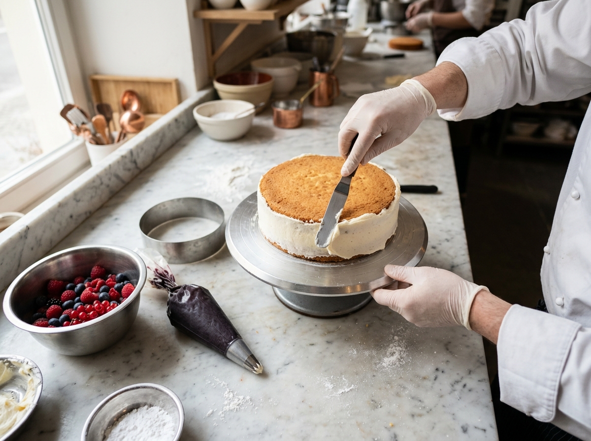 Hände in weißer Kochjacke streichen mit einer Palette Sahne an eine Torte auf einer Drehscheibe, daneben Spritzbeutel und frische Beeren