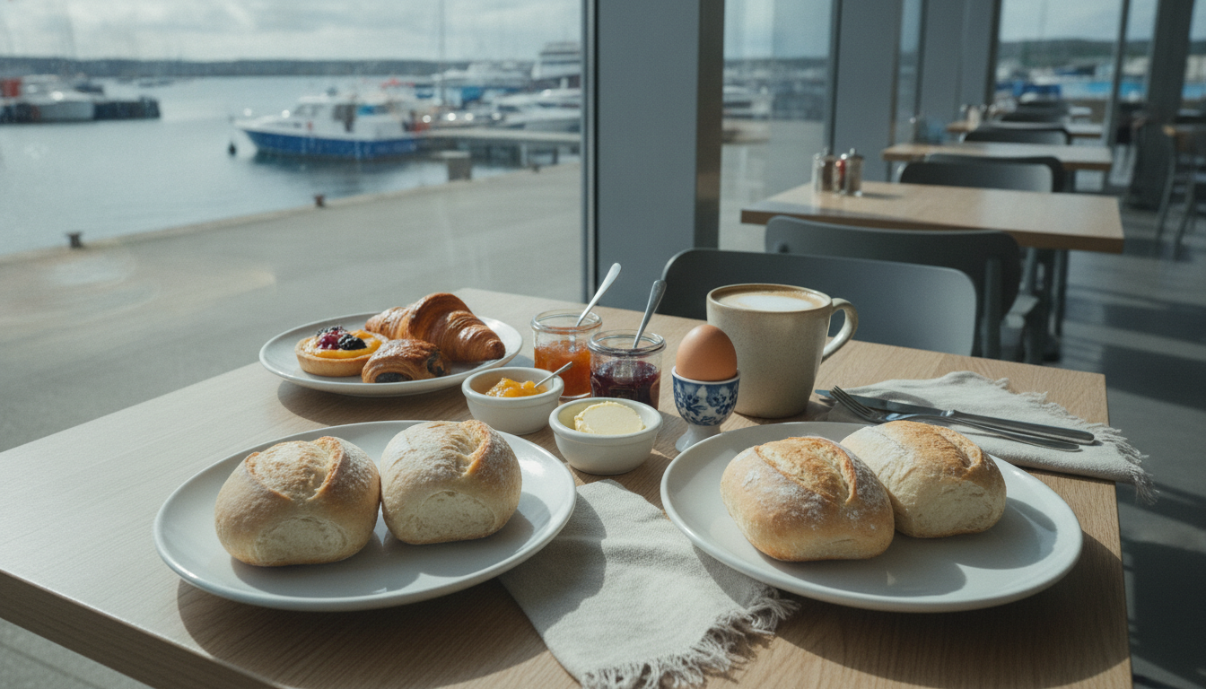 Gedeckter Frühstückstisch mit Brötchen, Ei, Marmelade, Gebäck und einer Tasse Milchkaffee auf hellem Holztisch am Fenster