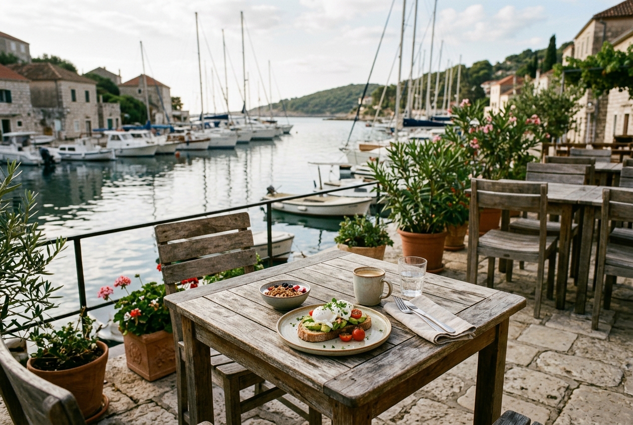 Terrasse mit Blick auf den Hafen und vertaeute Segelboote