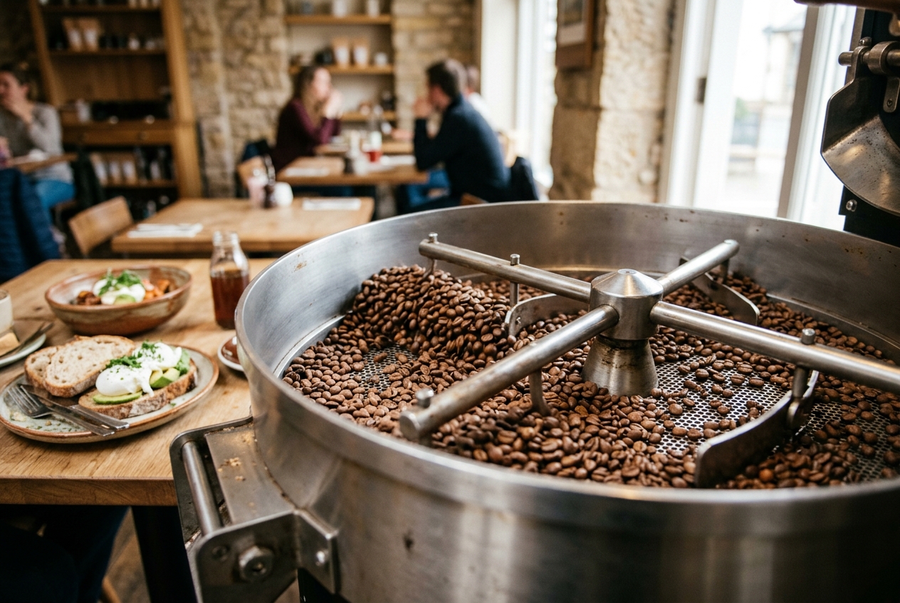 Frisch geroestete Kaffeebohnen im Kuehlsieb der Roestmaschine