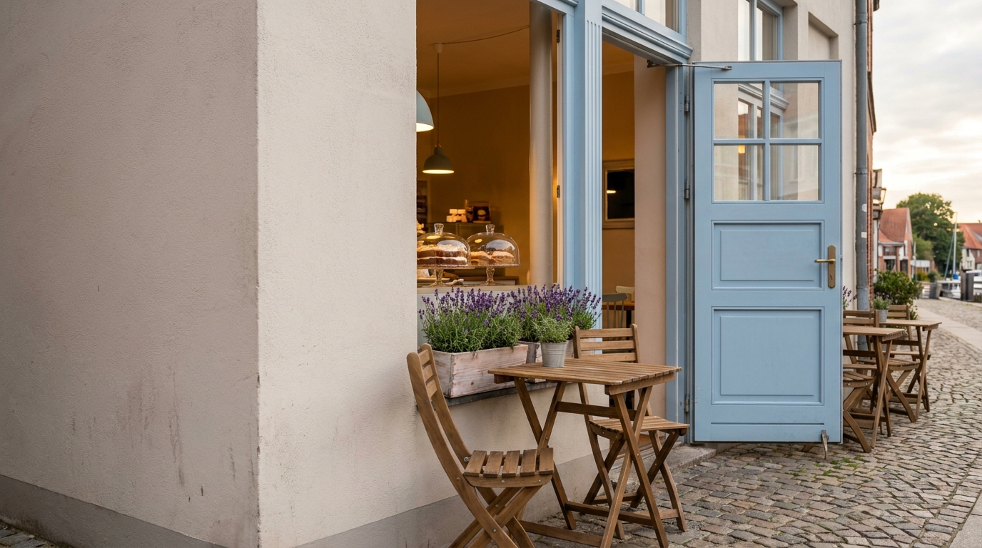 Open door of a café with bistro tables on the pavement and cake platters in the window display