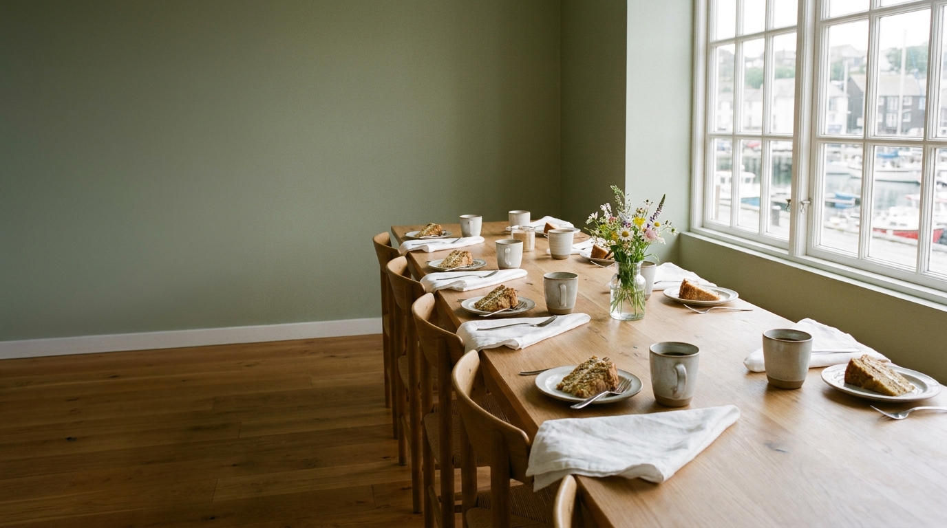 A festively set long wooden table with coffee cups, slices of cake and flowers in a bright café