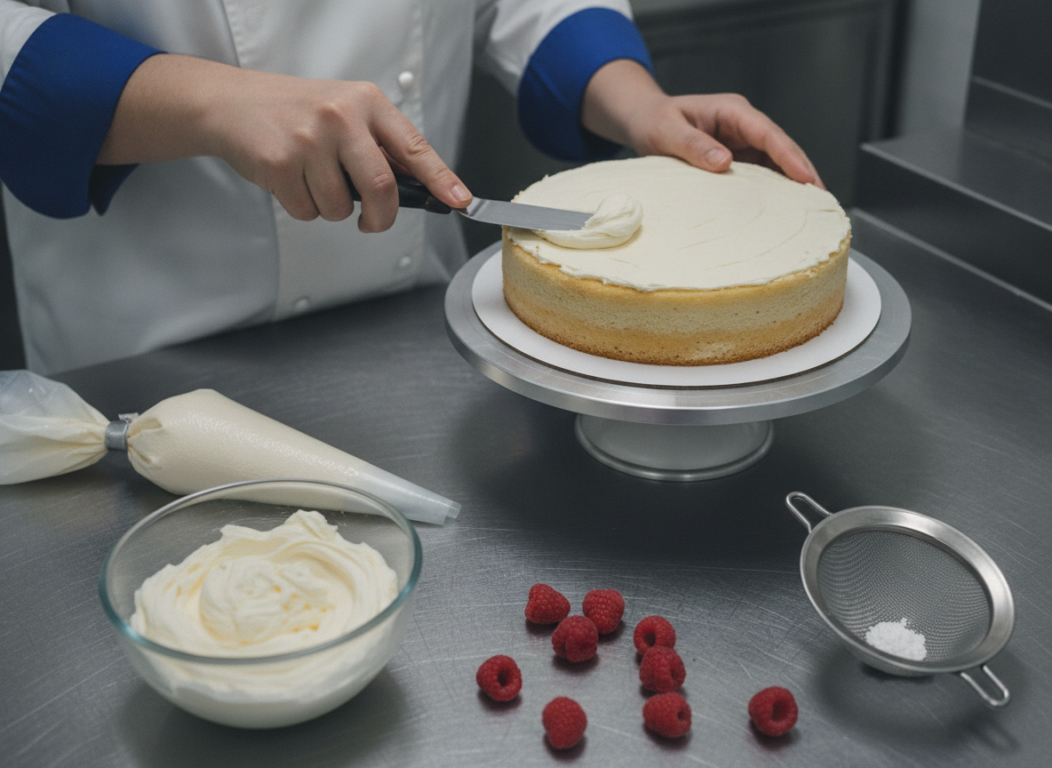 Hände streichen mit einer Palette die Creme einer runden Torte auf einer Edelstahl-Arbeitsfläche glatt, daneben Spritzbeutel und Himbeeren