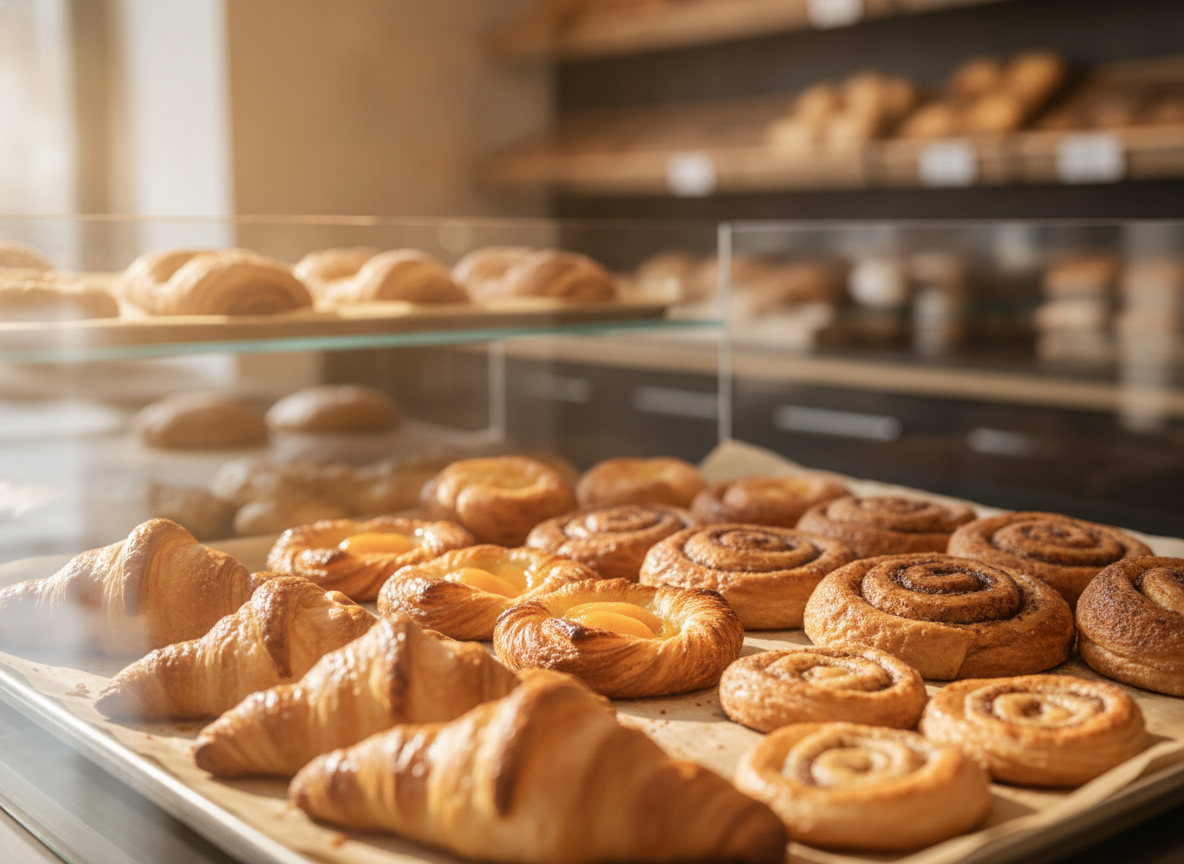Freshly baked croissants, Danish pastries and Franzbrötchen on a tray in the patisserie display