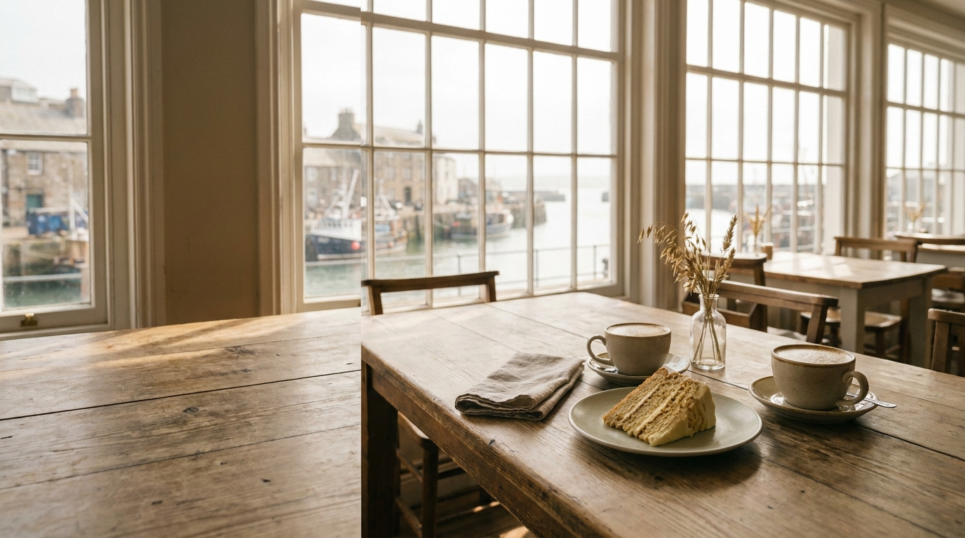 Laid wooden table with two cappuccino cups and a slice of cake in front of large mullioned windows in a bright café