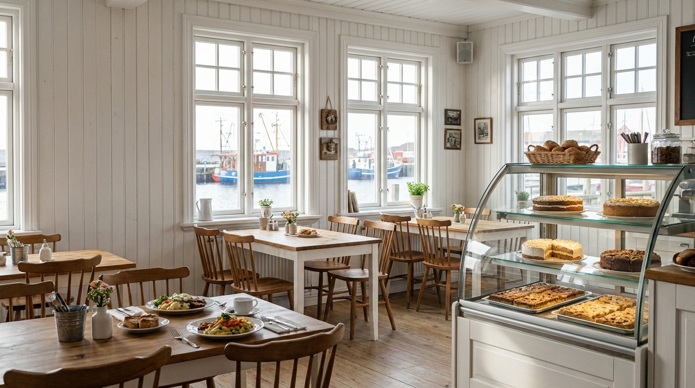 Gastraum eines Cafés mit Holztischen, Sprossenfenstern und einer Kuchenvitrine im Tageslicht