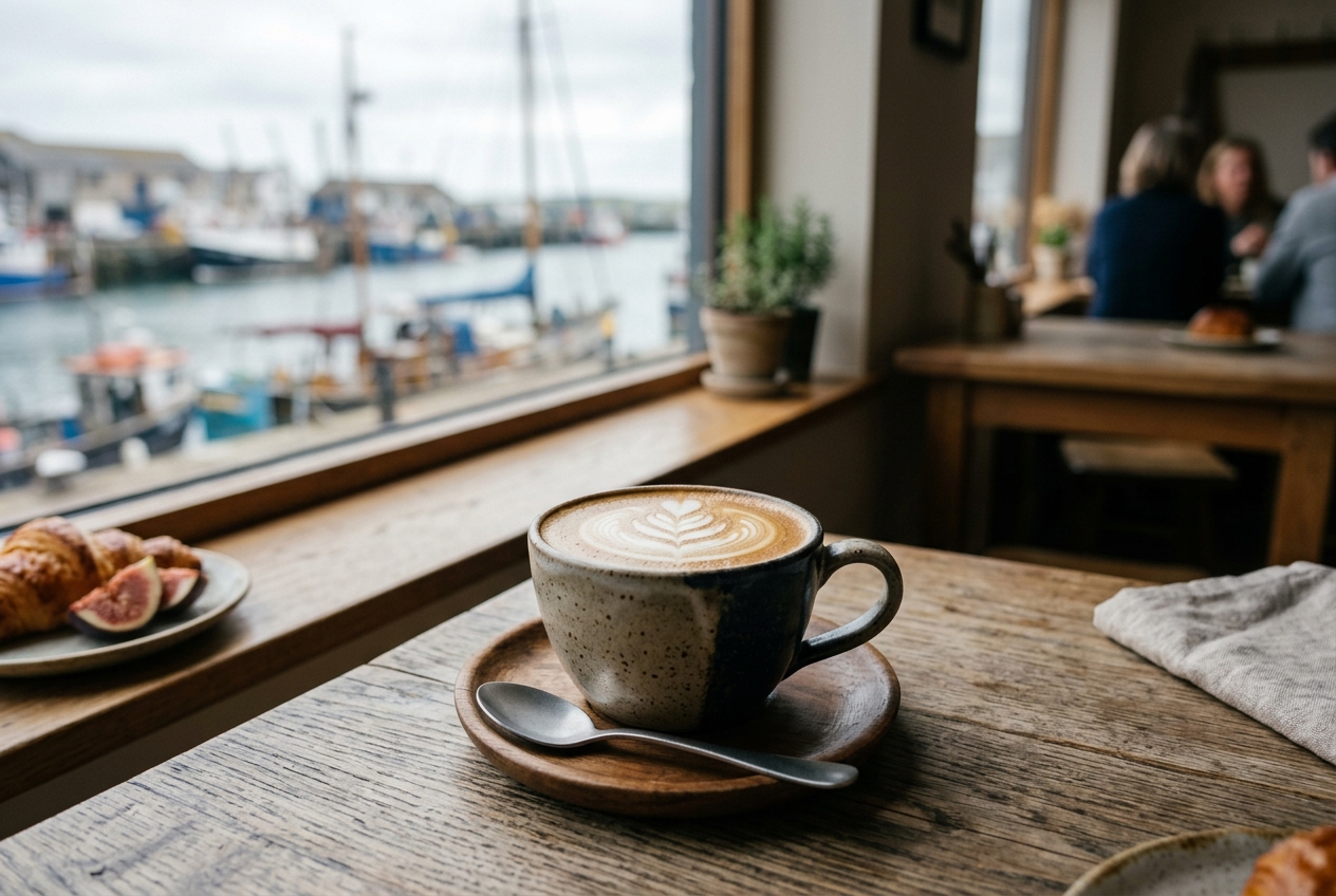 Cappuccino mit Latte Art auf einem Holztisch am Fenster