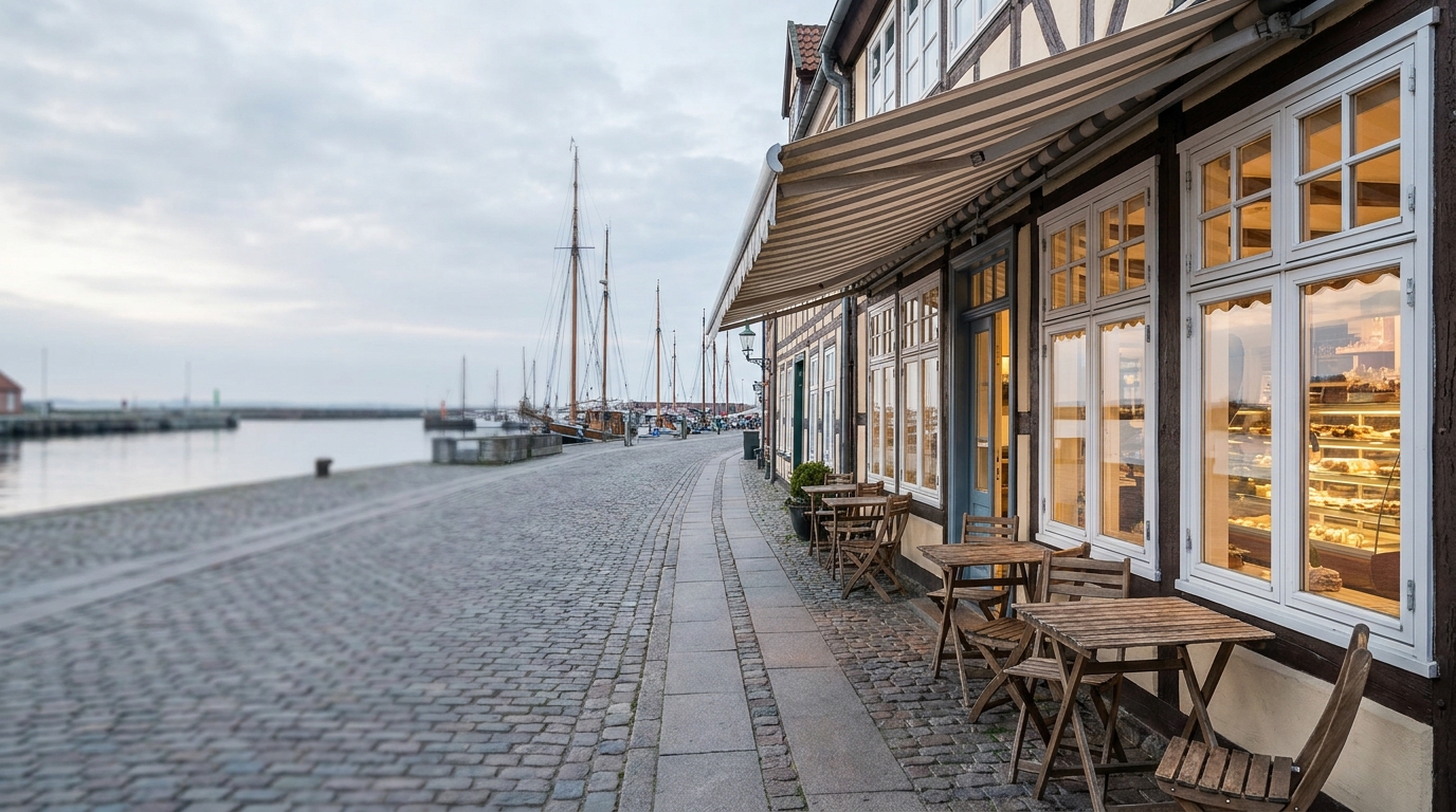 Café mit Markise und Sprossenfenstern in einer Hafenstraße, davor Holztische auf dem Gehweg, dahinter Masten von Segelbooten