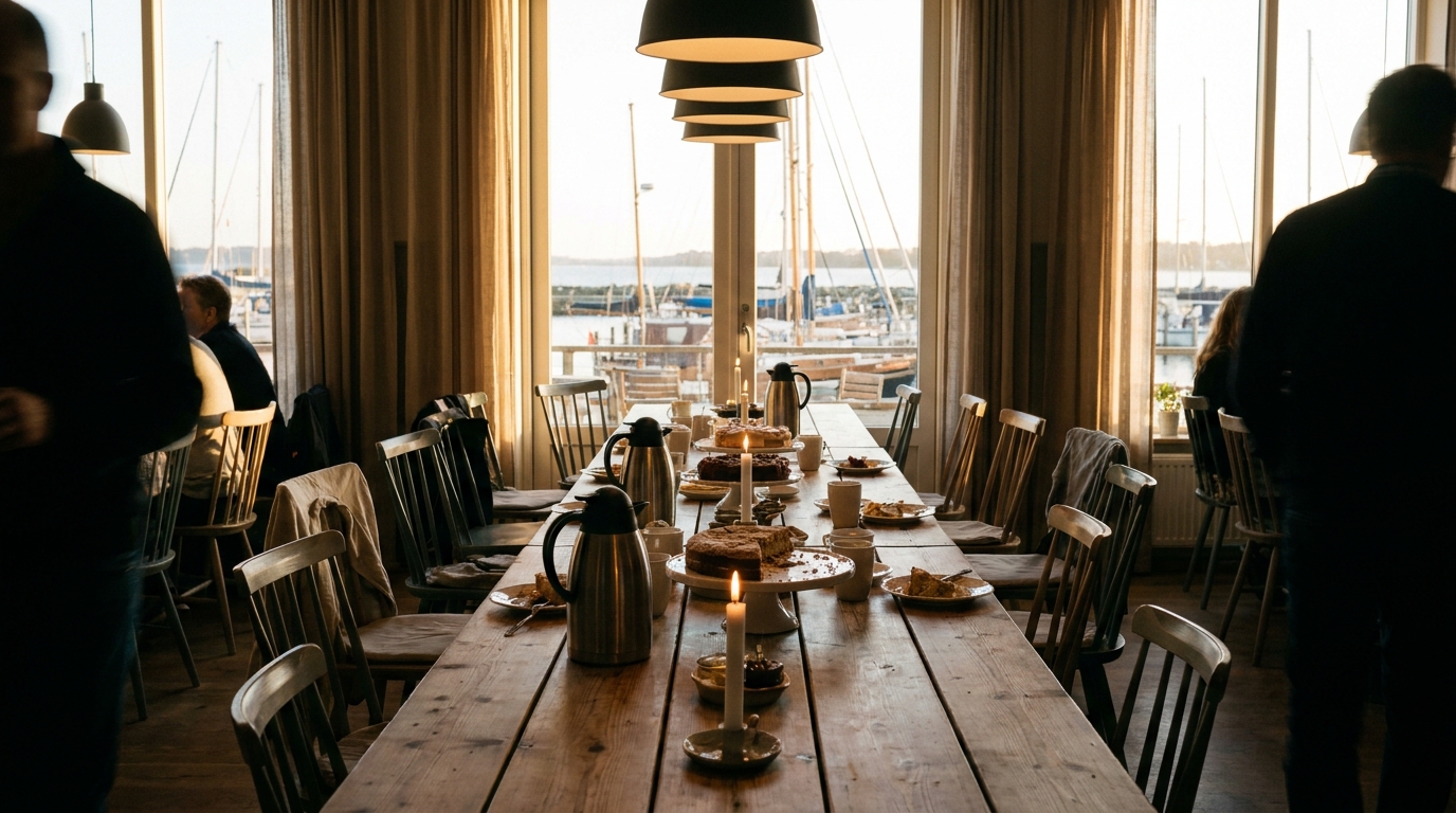 Combined café tables with coffee pots, cake platters and candles in front of tall windows with a harbour view