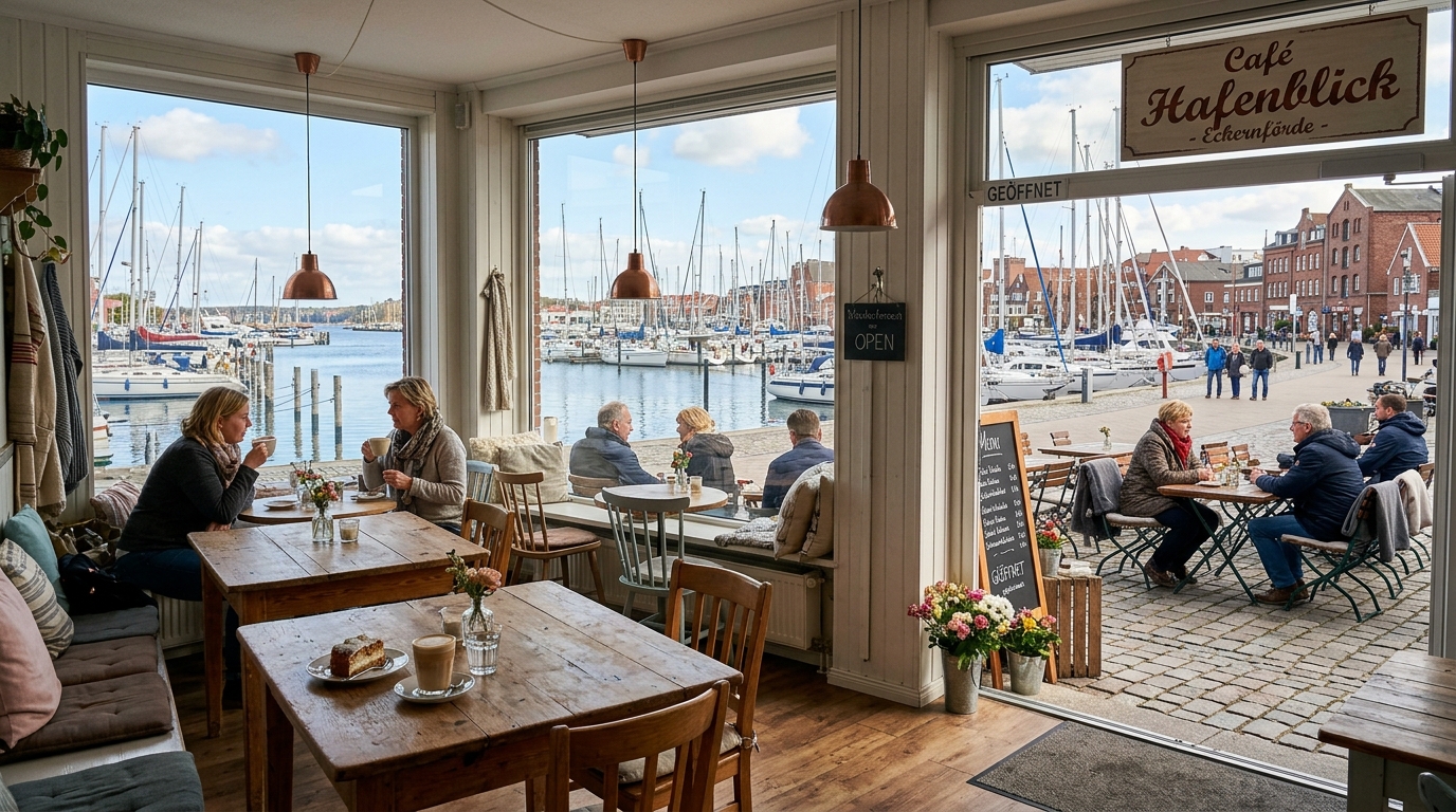 Außenansicht des Café Nordlicht an der Hafenstraße mit Fensterfront, Außenbestuhlung und Blick auf die Segelboote im Hafen