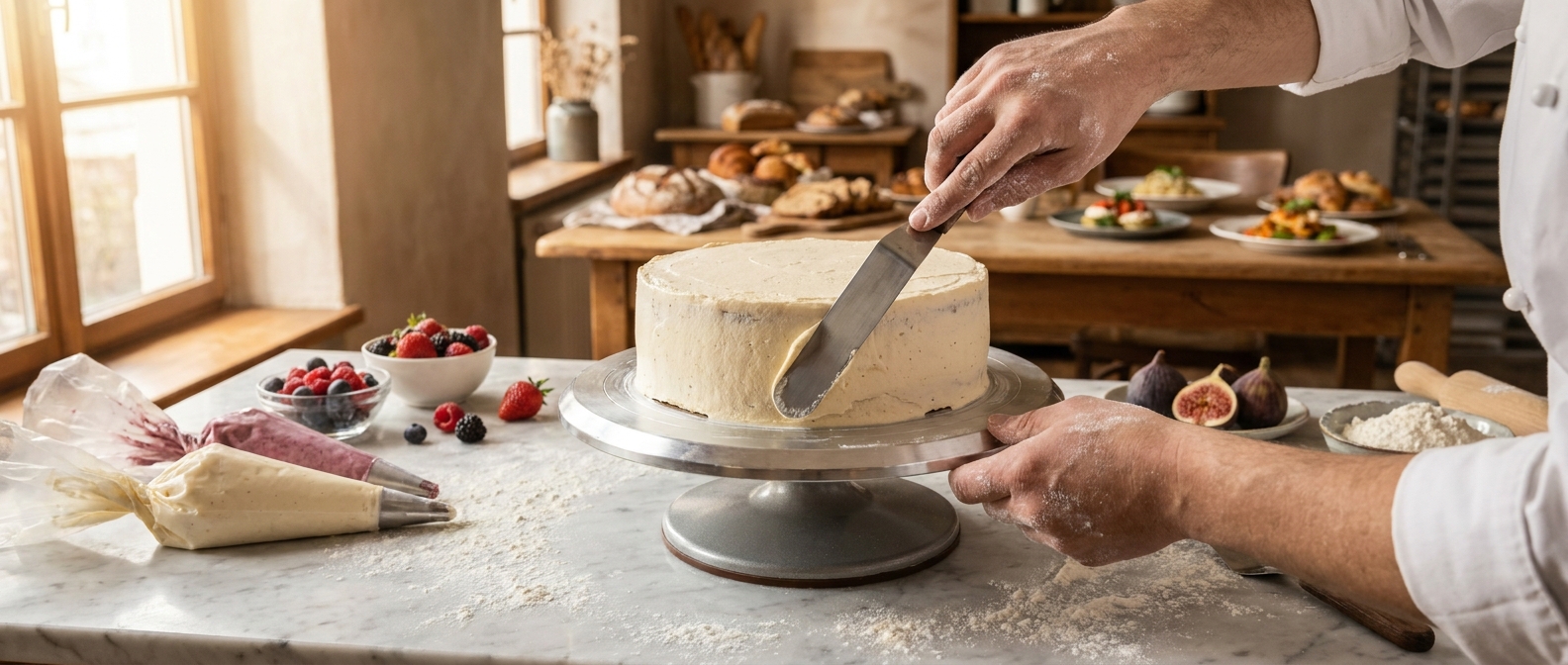 Hands smooth cream onto the edge of a round cake on a turntable in the bakery, using a palette knife