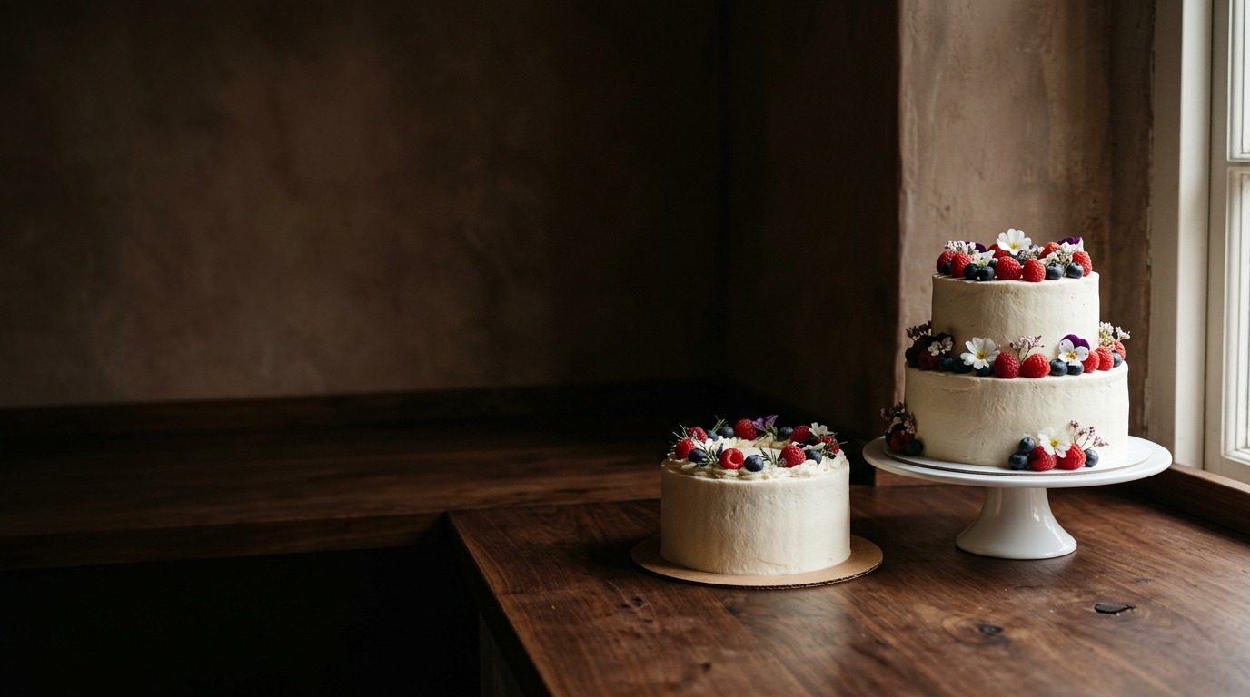 Finished two-tiered cream cake with fresh berries and blossoms on a porcelain cake stand, next to a smaller round cake, on a dark wooden worktop in the patisserie