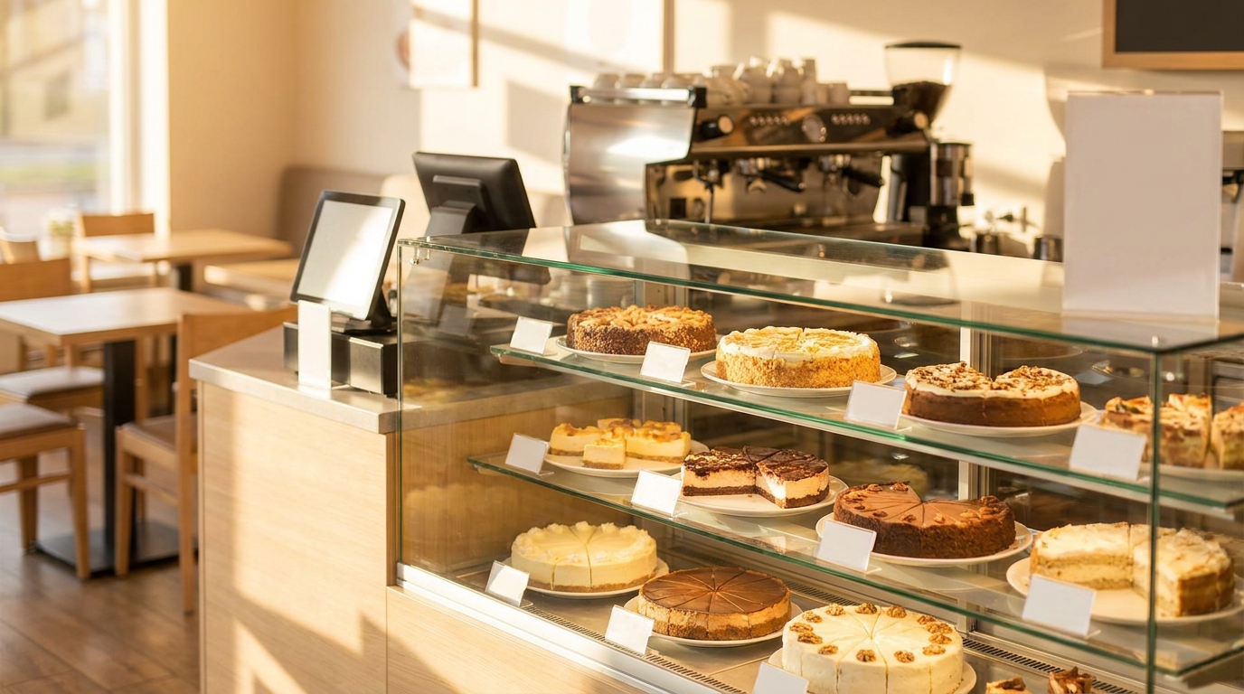 Filled cake counter with whole gateaux and sliced cake pieces behind a glass display case, with an espresso machine blurred in the background