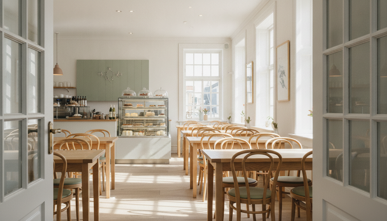 Heller Gastraum des Café Nordlicht mit Holztischen, Bugholzstühlen und Kuchentheke im Hintergrund