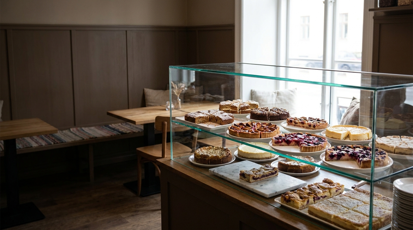 Gefüllte Kuchenvitrine mit angeschnittenen Torten, Obstkuchen und Käsekuchen auf weißen Platten