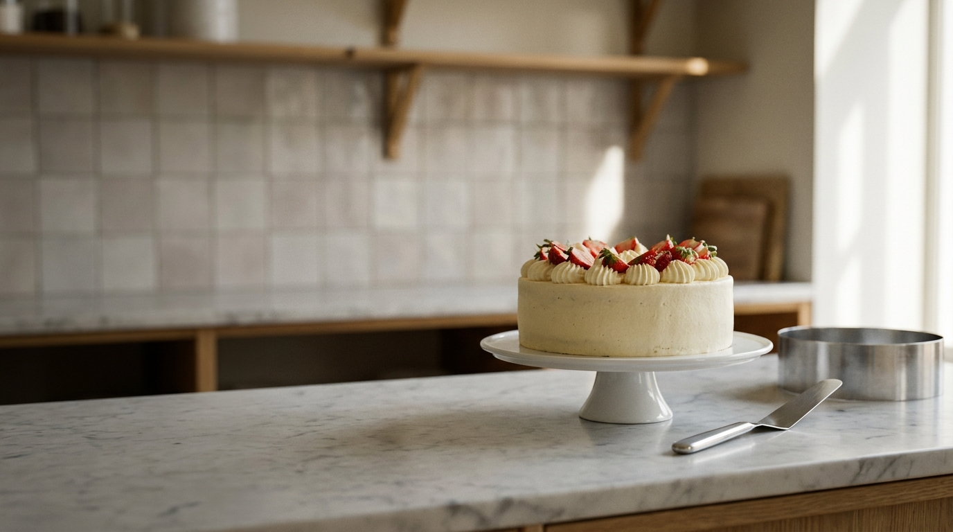 Runde, mit Sahne dekorierte Torte auf einem weißen Tortenteller auf einer Marmorplatte in der Konditorei