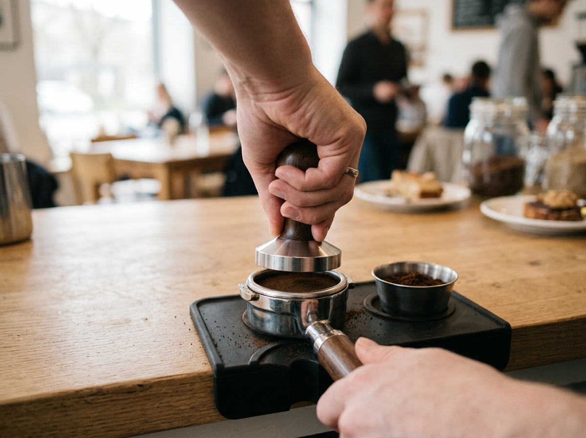 Eine Hand verdichtet mit dem Tamper das Kaffeemehl im Siebträger auf einer Tampingmatte