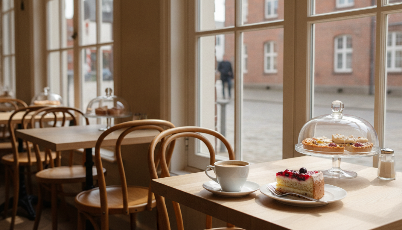 Café table by a lattice window with a cup of coffee and a slice of berry cake, next to bentwood chairs and cake domes