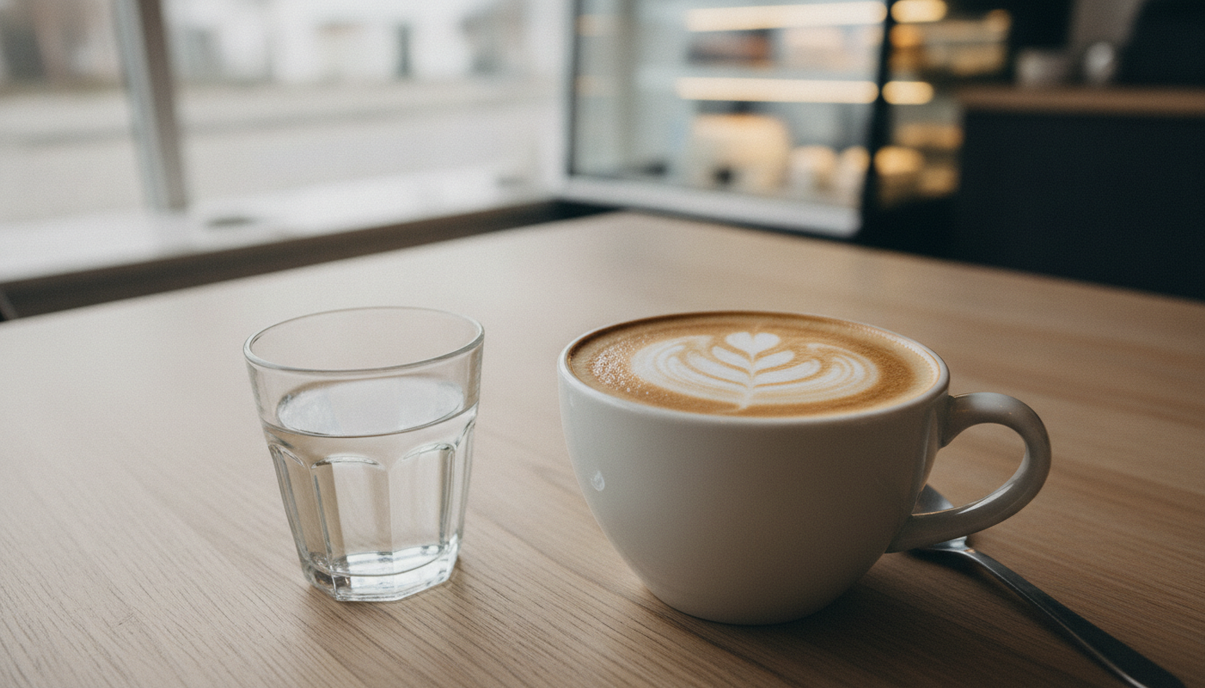 Cappuccino mit Milchschaum-Rosette in heller Keramiktasse auf Holztisch, dahinter unscharf eine Kuchentheke