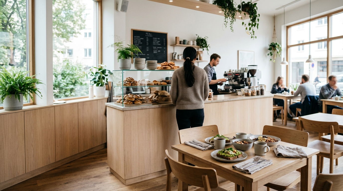Heller Gastraum des Cafe Nordlicht mit Holztischen und Theke am Morgen