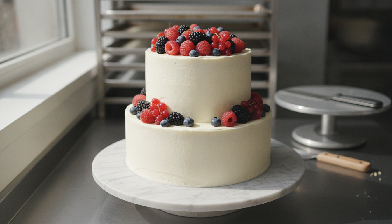 Two-tiered cake covered in cream with fresh berries on a marble slab in a patisserie workshop