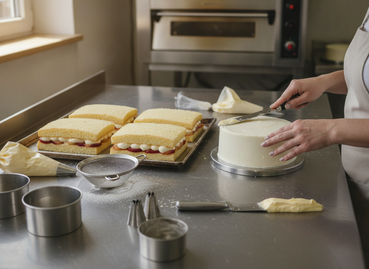 Filled sponge bases with cream and fruit filling on a tray, with hands smoothing a round torte with a palette knife beside them