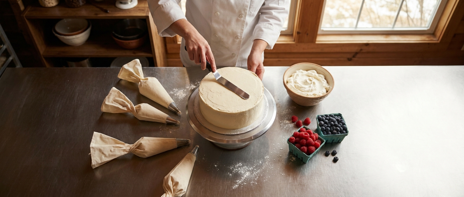 Hände streichen in der Konditorei eine runde Torte mit einer Winkelpalette glatt, daneben Spritzbeutel und frische Beeren