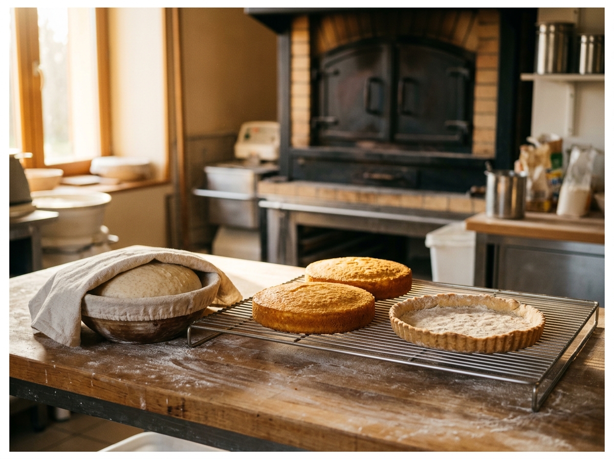 Freshly baked round sponge bases and a shortcrust base cooling on a rack in front of the oven, with a bowl of yeast dough beside them