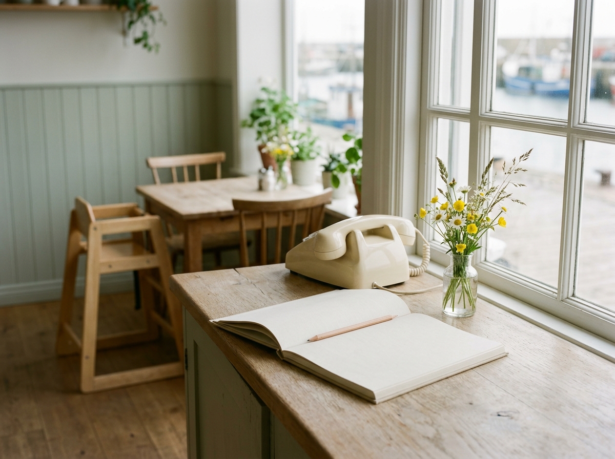 Bright café counter by a lattice window with a telephone, an open reservation book and a pencil, with a table and high chair in the background