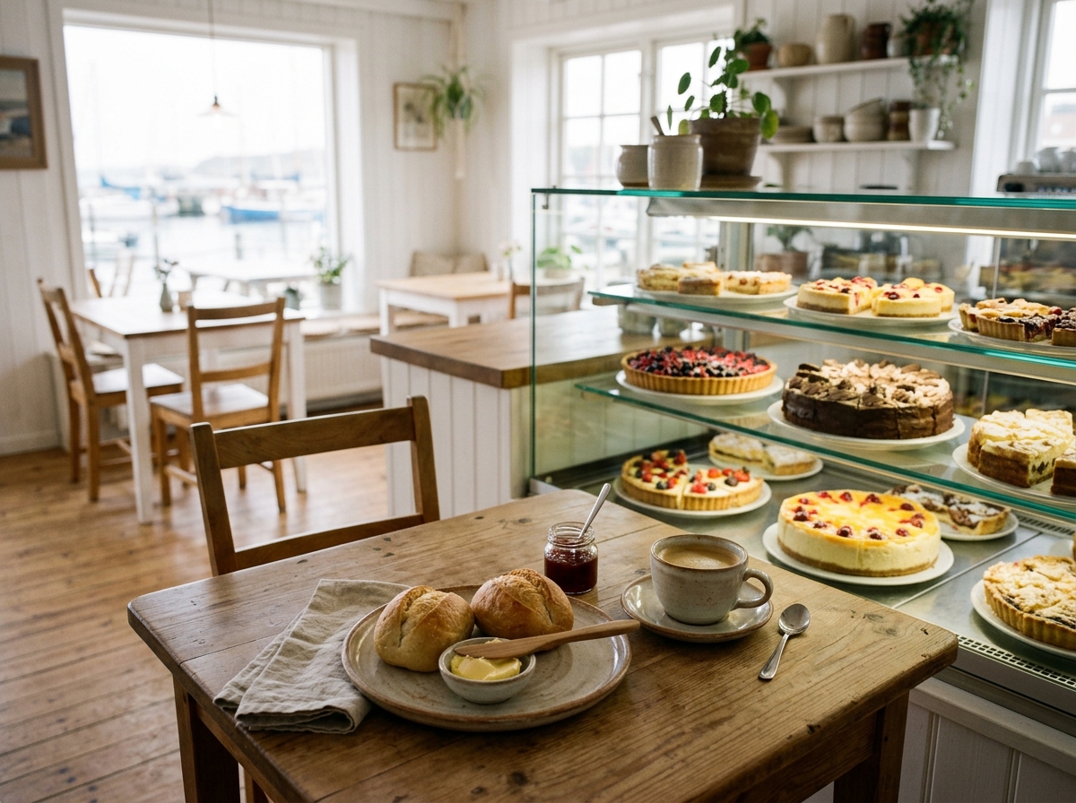Full cake display case in the morning, with a set table showing a breakfast plate and coffee in front