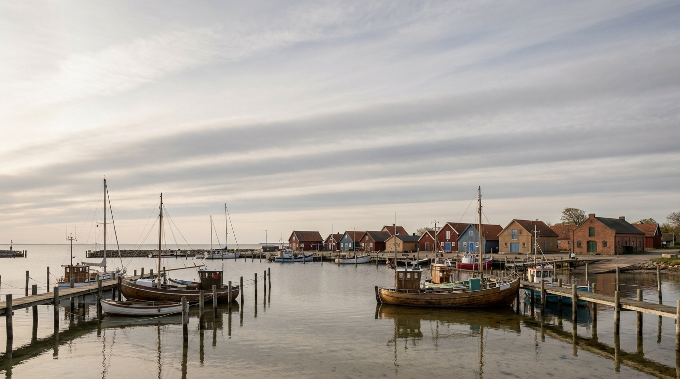 Ostsee-Hafenbucht mit Holzstegen, Fischerbooten und Segelyachten vor einer Reihe niedriger Giebelhäuser