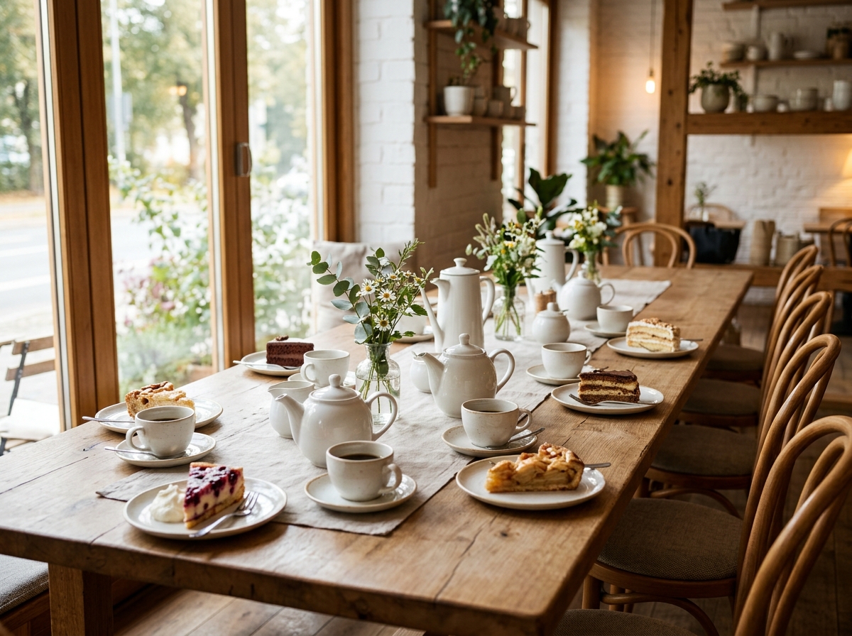Lange gedeckte Kaffeetafel mit Tassen, Kannen und Tortenstücken in einem hellen Café