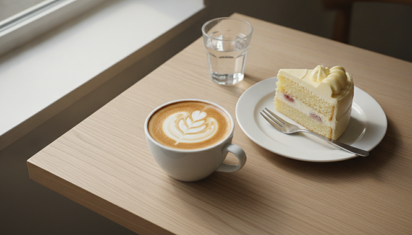 Tasse Cappuccino mit Milchschaum-Rosette neben einem Stück Torte auf einem hellen Holztisch