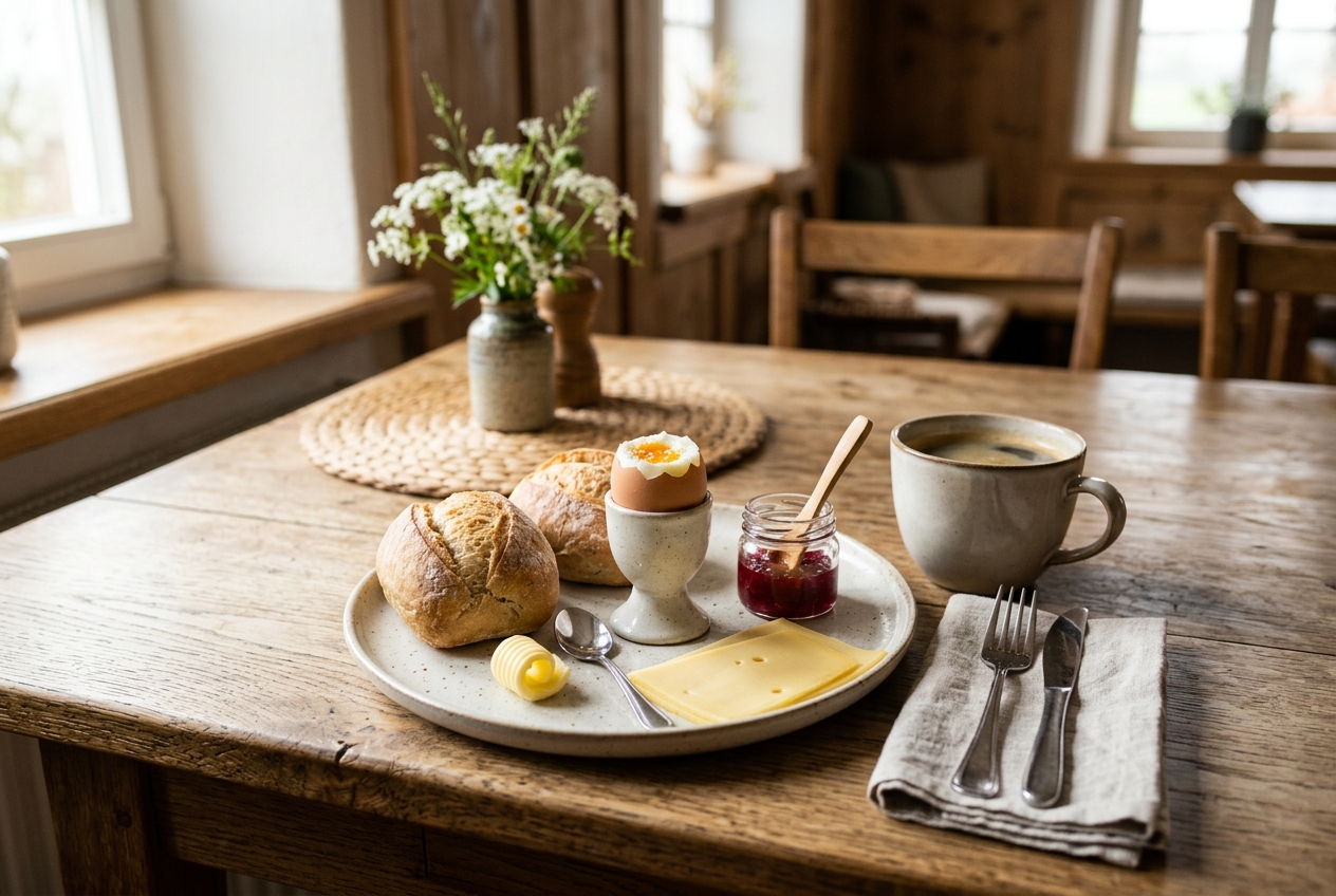 Gedeckter Fruehstuecktisch mit Broetchen, Kaese und Ei