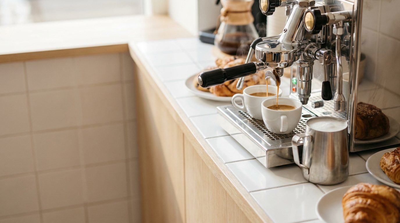 Espresso läuft aus einer Siebträgermaschine in zwei weiße Tassen, daneben ein Milchkrug auf einer Holztheke