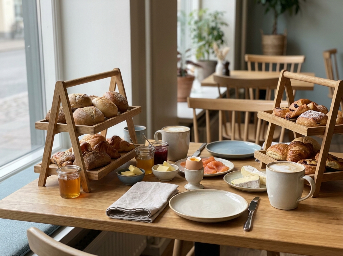 Gedeckter Frühstückstisch am Caféfenster mit Brötchen auf Etageren, Ei im Eierbecher, Käse, Lachs, Marmeladengläsern und zwei Milchkaffee-Tassen im Morgenlicht