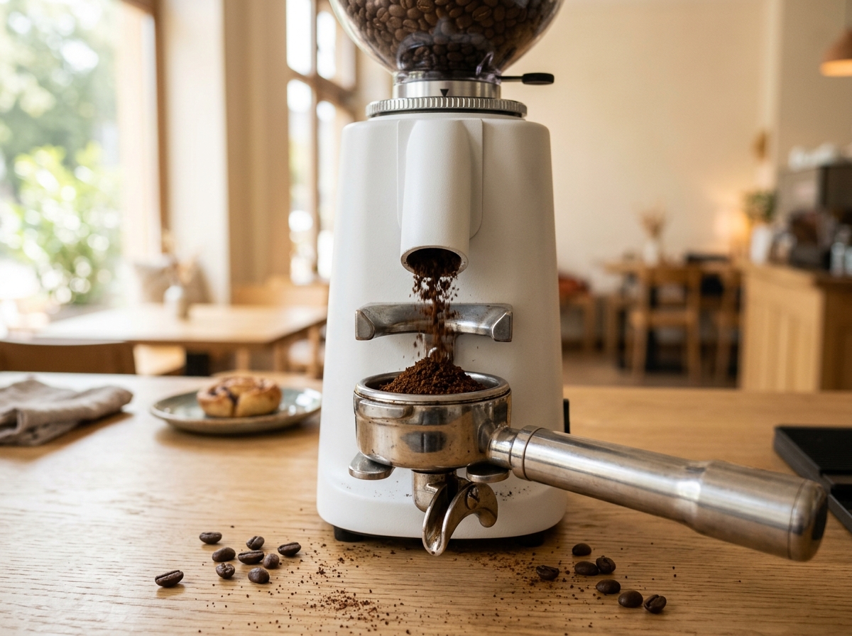 Frisch gemahlener Kaffee rieselt aus einer hellen Mühle in einen Siebträger auf einem Holztresen